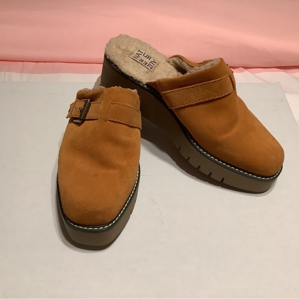 Naturalizer Cognac Suede Shearling-Lined Mule Clogs with Buckle